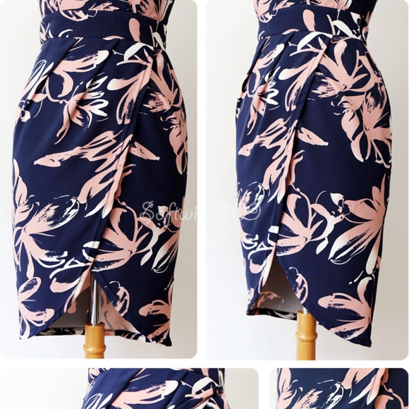 Last☝️ Navy Pink Floral Surplice Wrap Tulip Dress - Picture 4 of 8